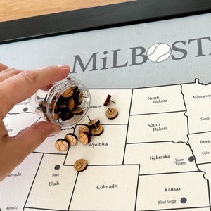 May include: A map of the United States with black outlines of states and gray circles marking locations. The map is titled "MiLB Stadium Tour". A hand is holding a small jar of wooden push pins, some of which are scattered on the map.