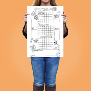 May include: A black and white printable summer fun calendar with space to write in activities for June, July, and August. The calendar is decorated with summer-themed doodles, including a beach umbrella, ice cream cone, sunglasses, and a soccer ball.