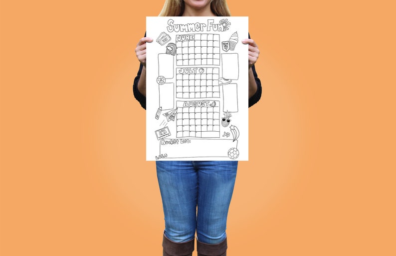 May include: A black and white printable summer fun calendar with space to write in activities for June, July, and August. The calendar is decorated with summer-themed doodles, including a beach umbrella, ice cream cone, sunglasses, and a soccer ball.