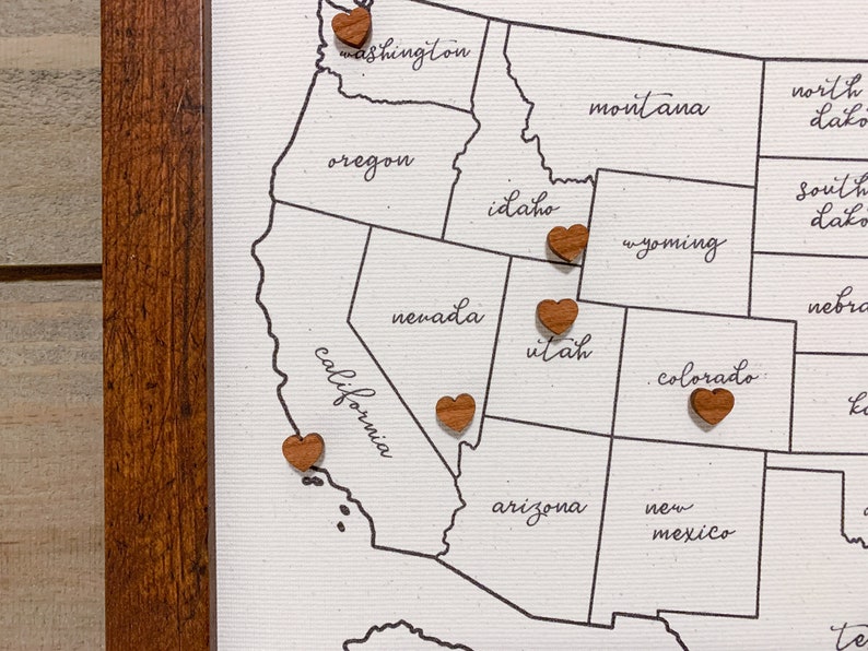 Push Pin Map with 50 Wooden Heart Pins, Anniversary Gift, USA Custom Map, Personalized Unique Gift for Couple who Travel, Wedding Registry image 9