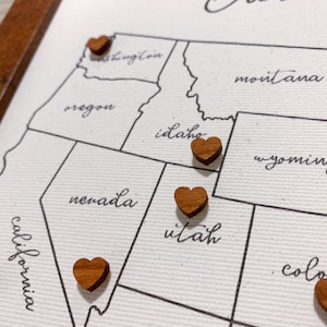 Push Pin Map with 50 Wooden Heart Pins, Anniversary Gift, USA Custom Map, Personalized Unique Gift for Couple who Travel, Wedding Registry