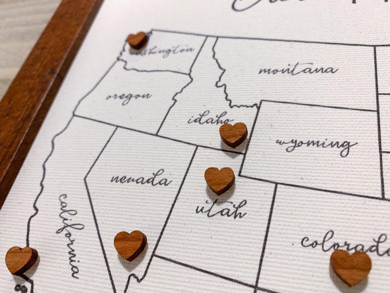 Push Pin Map with 50 Wooden Heart Pins, Anniversary Gift, USA Custom Map, Personalized Unique Gift for Couple who Travel, Wedding Registry image 1