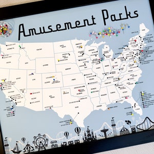 Carte des parcs d'attractions avec punaises Piste des voyages à travers les États-Unis Carte des parcs à thème Liste ultime des seaux de voyage Cadeau de montagnes russes 200 épingles