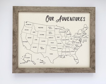 Our Adventures Travel Map Framed with Push Pins, Cotton Gift, United States Push Pin Map, Family USA Map, Unique Birthday Gift for Him RTS