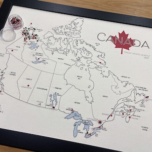 Carte du Canada avec punaises personnalisée, toile 100 % coton, carte dessinée à la main, cadeau du deuxième anniversaire, canadien, cadeau personnalisé pour lui, unique simple