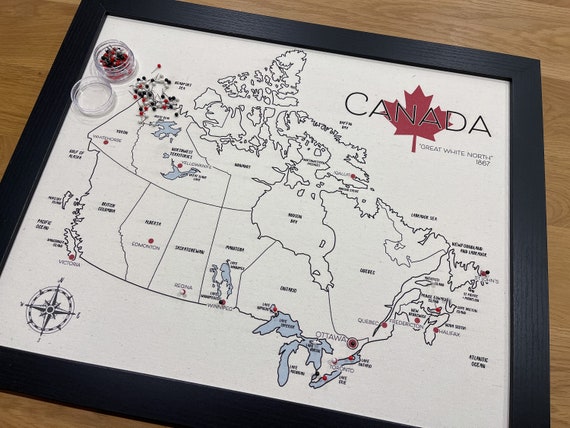 Canada Custom Push Pin Map, 100% Cotton Canvas, Hand Drawn Map, Second Anniversary Gift, Canadian, Personalized Gift for Him, Unique Simple