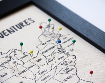 Our Adventures Travel Map Framed with Push Pins, Cotton Gift, United States Push Pin Map, Family USA Map, Unique Fathers Day Gift RTS