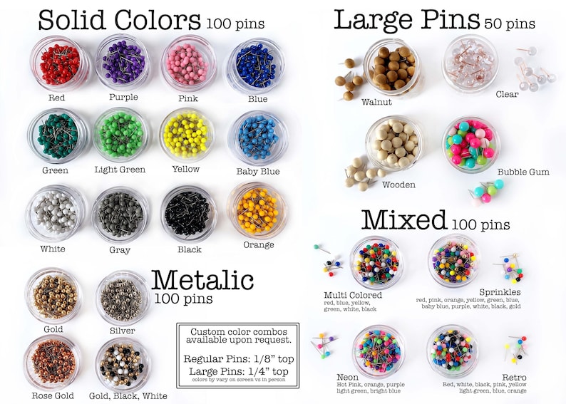 Pu&ograve; includere: Assortimento di puntine colorate in contenitori trasparenti. I colori uniti includono rosso, viola, rosa, blu, verde, verde chiaro, giallo, azzurro, bianco, grigio, nero e arancione. Sono disponibili anche colori metallici e misti.