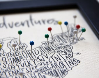 Push Pin Map USA Map with pins, Track Travel Locations, Second Anniversary Cotton Gift, Small Travel Map, Gift for Him, Our Adventures RTS