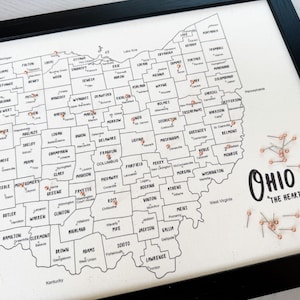 Carte du comté de l'Ohio, lignes du comté, titre personnalisé, décoration murale personnalisée, décor d'État de l'Ohio, encadré, prêt à accrocher, explorer