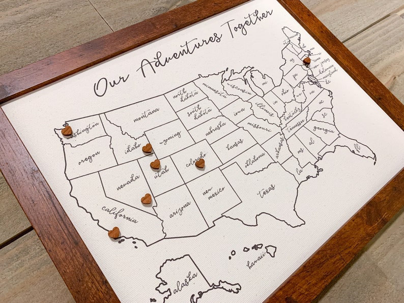 Push Pin Map with 50 Wooden Heart Pins, Anniversary Gift, USA Custom Map, Personalized Unique Gift for Couple who Travel, Wedding Registry image 4