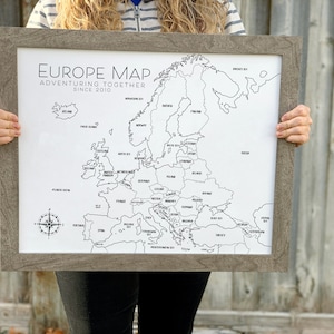 Carte personnalisée de l'Europe avec punaises, cadeau en coton, carte dessinée à la main, cadeau du deuxième anniversaire, européenne, cadeau personnalisé pour lui, voyage en Europe
