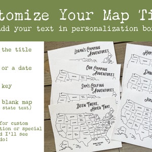 May include: A set of six printable US maps with customizable titles. The maps are black and white and show state borders. The titles include "Logan's Camping Adventures", "Our Camping Adventures", "Sam's Golfing Adventures", "Been There, Hiked That", "Happy Camper Travels", and "Dan's Restaurant Tour".
