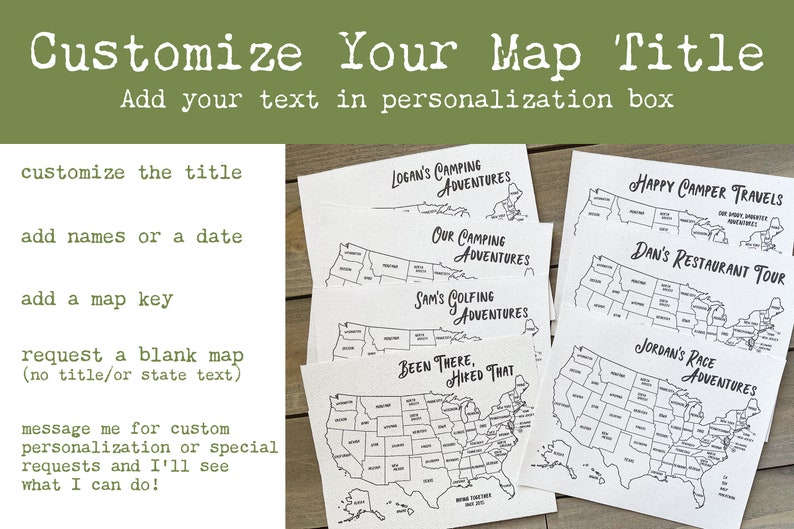May include: A set of six printable US maps with customizable titles. The maps are black and white and show state borders. The titles include "Logan's Camping Adventures", "Our Camping Adventures", "Sam's Golfing Adventures", "Been There, Hiked That", "Happy Camper Travels", and "Dan's Restaurant Tour".