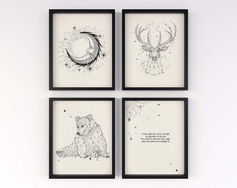 DOWNLOAD - Constellation and Moon Decor, Deer, Bear and Stars Prints Set of 4 , Night Moon Art Decor Outdoor Mountain Cabin Room Theme Decor