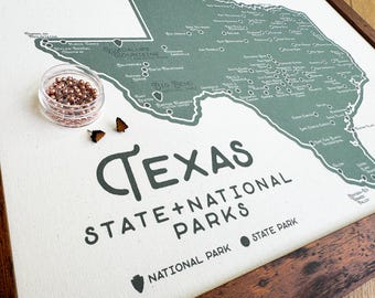 Texas State Parks Push Pin Map, Framed Texas Travel Map with State and National Parks, Canvas Adventure Map, Wooden Tree Pins, Texas Gift