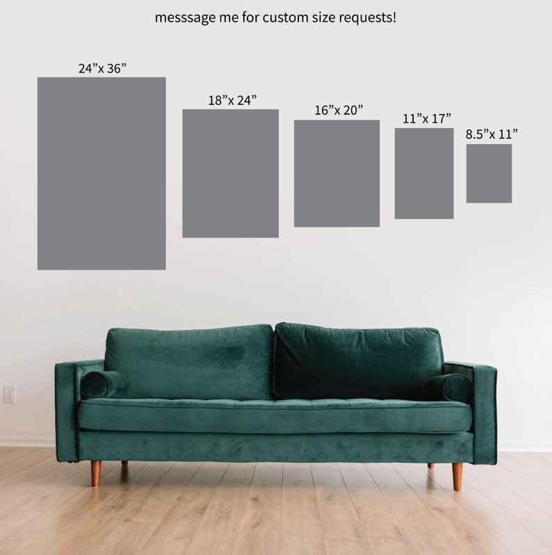 May include: A white wall with five different sized gray rectangles, each with a measurement in inches. The rectangles are arranged from largest to smallest. The text "message me for custom size requests!" is at the top of the image. A green sofa is in the bottom center of the image.