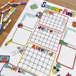 May include: A printable summer fun calendar with colorful illustrations. The calendar includes sections for June, July, and August, with space to write in events and activities. There are also sections for a bucket list, books to read, and parks to explore.