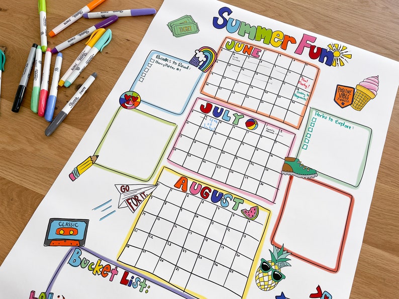 May include: A printable summer fun calendar with colorful illustrations. The calendar includes sections for June, July, and August, with space to write in events and activities. There are also sections for a bucket list, books to read, and parks to explore.
