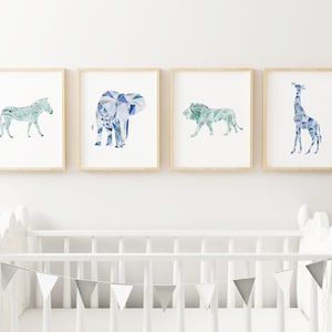 Safari nursery decor Set of 4 Prints, Safari animal prints, Nursery wall art, Jungle animals, Elephant art, Baby room, Neutral Nursery, Lion image 1