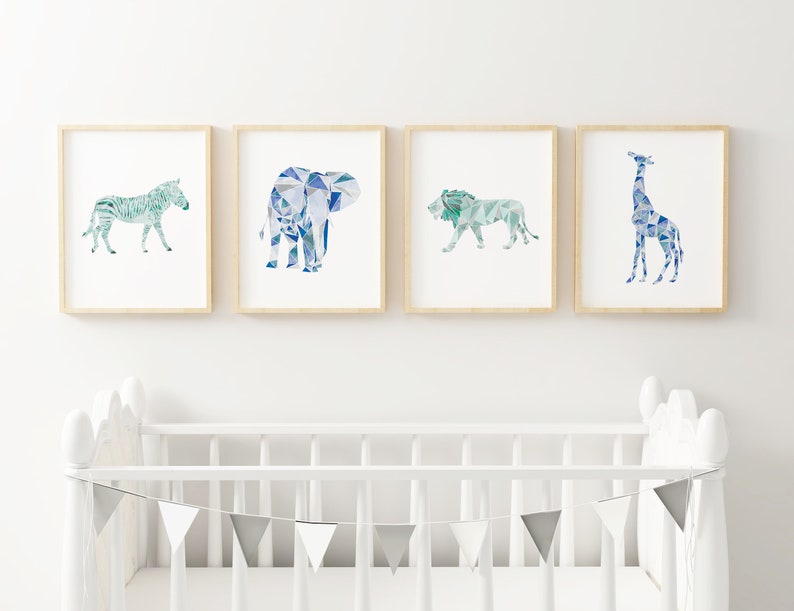 Safari nursery decor Set of 4 Prints, Safari animal prints, Nursery wall art, Jungle animals, Elephant art, Baby room, Neutral Nursery, Lion image 1