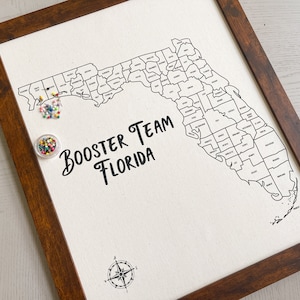 Carte du comté de Floride avec punaises, décoration murale personnalisée en fonction de votre titre, décor Adventure Tracker The Sunshine State, encadré, prêt à accrocher