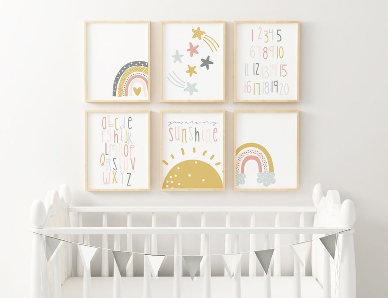 Ready to Ship ABC Rainbow Nursery Prints, Set of 6 Nursery Decor, Nursery Wall Decor, Cute Nursery Art, Kids Room Art, Over the crib image 1