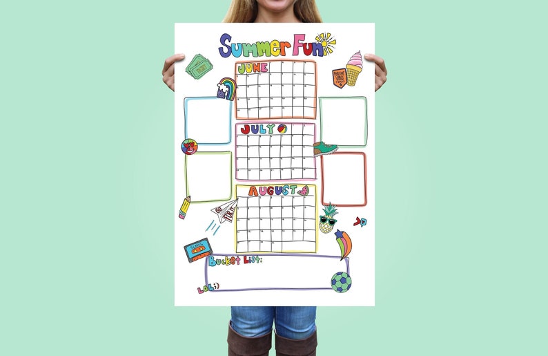 2024 Summer Bucket List, Poster Printed and Shipped, Kid's Summer Break Countdown Coloring Page, Calendar Schedule Poster image 3