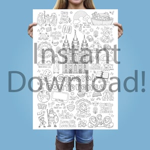 May include: A large white colouring poster featuring black line art illustrations of religious themes, including a central temple, figures, animals, and text that reads General Conference, along with various inspirational phrases and icons.