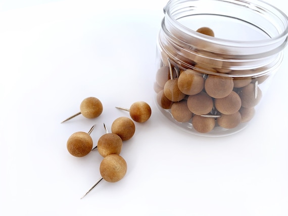 Wooden Map Push Pins: Unique Map Pins, Large Round Head Natural Raw Wood, Cork Board Pins (Set of 50/100/200)