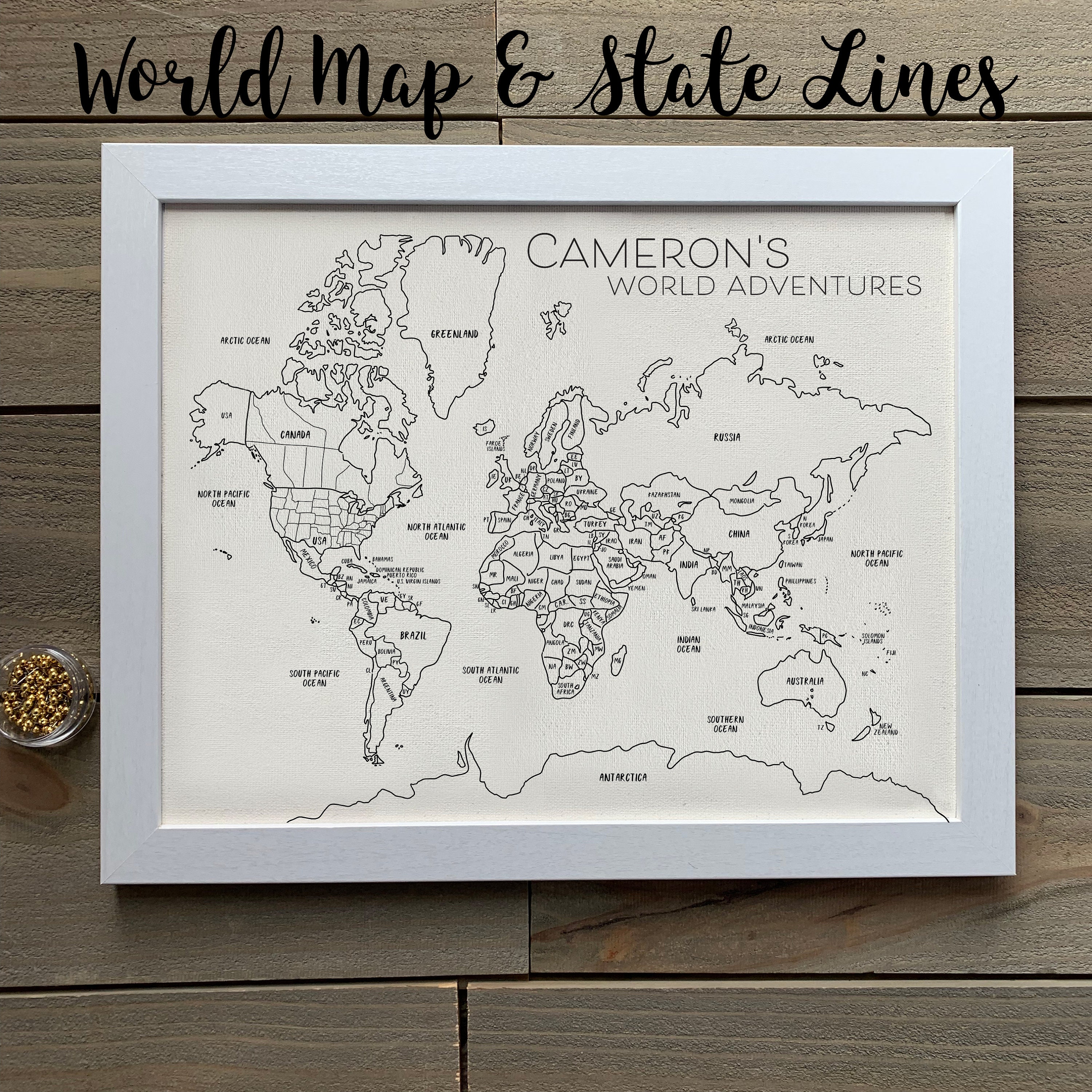 World Travel Push Pin Map: Cotton Canvas Print with US State Lines (DIY Kit)