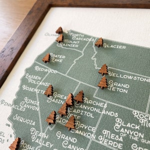 National Park Push Pin Map with Wooden Tree Push Pins, Great Outdoors Travel Map, United States, Second Anniversary Cotton, Birthday Gift