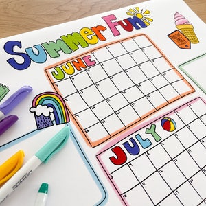 Lista de actividades para el verano de 2025, póster impreso y enviado, página para colorear de cuenta regresiva para las vacaciones de verano para niños, póster con calendario y horario