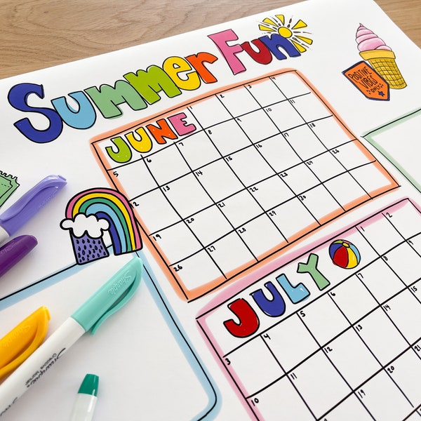 2024 Summer Bucket List, Poster Printed and Shipped, Kid's Summer Break Countdown Coloring Page, Calendar Schedule Poster