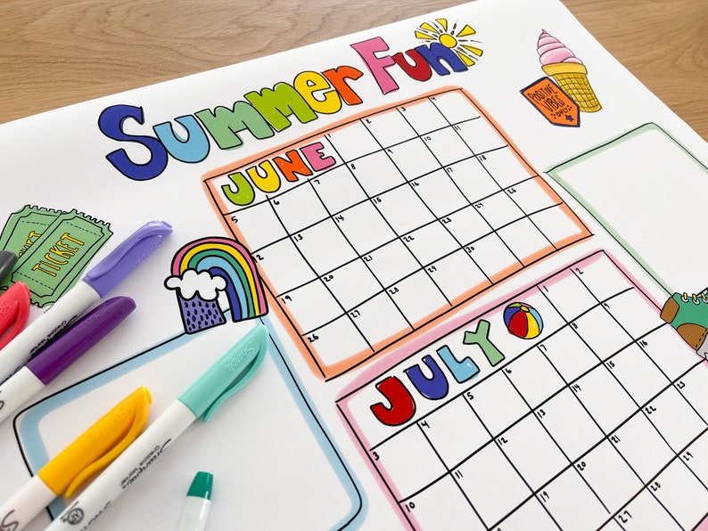May include: A printable summer fun calendar with June and July. The calendar has a rainbow, ice cream cone, and beach ball illustrations. The words "Summer Fun" are written in colorful letters at the top of the page.