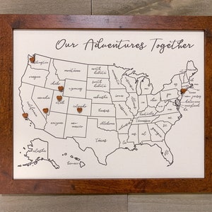 Push Pin Map with 50 Wooden Heart Pins, Anniversary Gift, USA Custom Map, Personalized Unique Gift for Couple who Travel, Wedding Registry image 2
