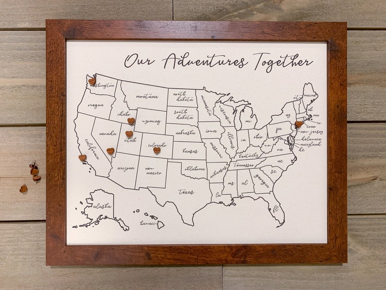Push Pin Map with 50 Wooden Heart Pins, Anniversary Gift, USA Custom Map, Personalized Unique Gift for Couple who Travel, Wedding Registry image 2