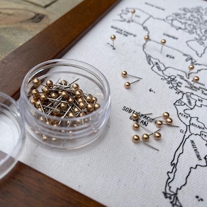 May include: A framed world map on canvas with black outlines and text, featuring a clear plastic container filled with gold push pins. Several gold push pins are inserted into the map, marking various locations across North and South America.
