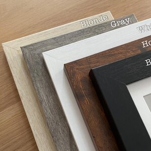 Pu&ograve; includere: Una selezione di cornici per foto in vari colori, tra cui Biondo, Grigio, Bianco, Miele e Nero. Le cornici sono in legno e hanno un design semplice e moderno. L'immagine mostra le cornici ad angolo, mostrando i loro diversi colori e texture.