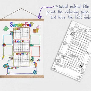 May include: A printable summer fun calendar with colorful illustrations. The calendar includes June, July, and August with space to write in events. There is also a bucket list section at the bottom.