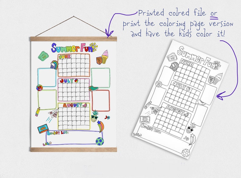 May include: A printable summer fun calendar with colorful illustrations. The calendar includes June, July, and August with space to write in events. There is also a bucket list section at the bottom.