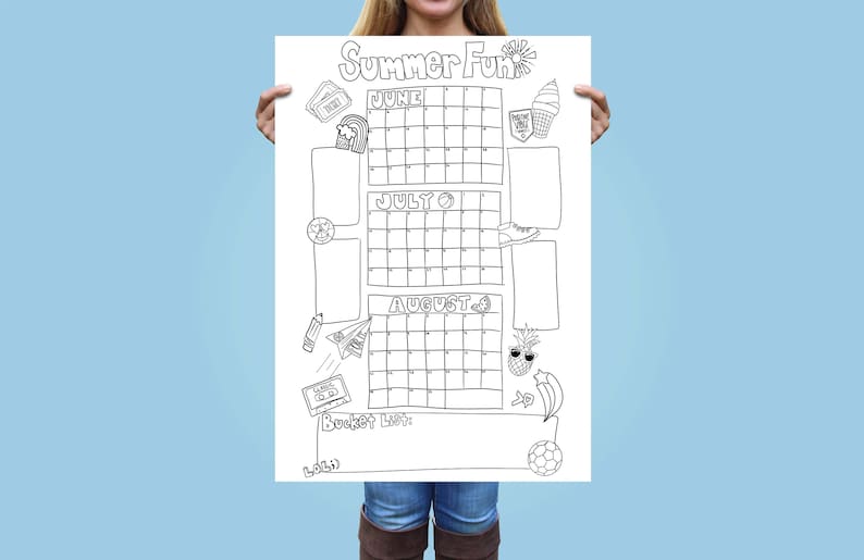 May include: A black and white printable summer calendar with space to fill in activities for June, July, and August. The calendar is decorated with summer-themed doodles, including a pineapple, ice cream cone, and a soccer ball. The text "Summer Fun" is at the top of the calendar.