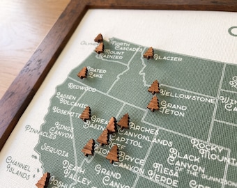 DIY National Park Push Pin Map with Tree Push Pins, Great Outdoors Travel USA United States 2nd Anniversary Cotton Birthday Fathers Day Gift