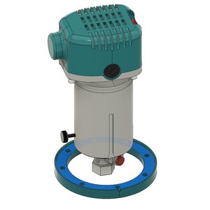 May include: A teal and gray electric router with a blue base. The router has a black knob and a red button.