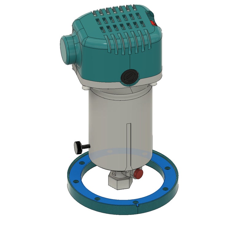 May include: A teal and gray electric router with a blue base. The router has a black knob and a red button.