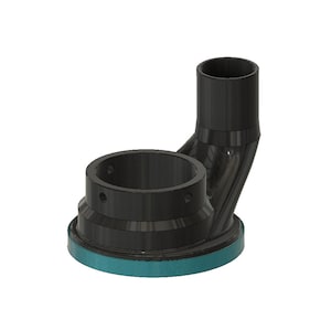 May include: Black plastic plumbing fitting with a blue seal. The fitting has a curved outlet and a straight inlet.