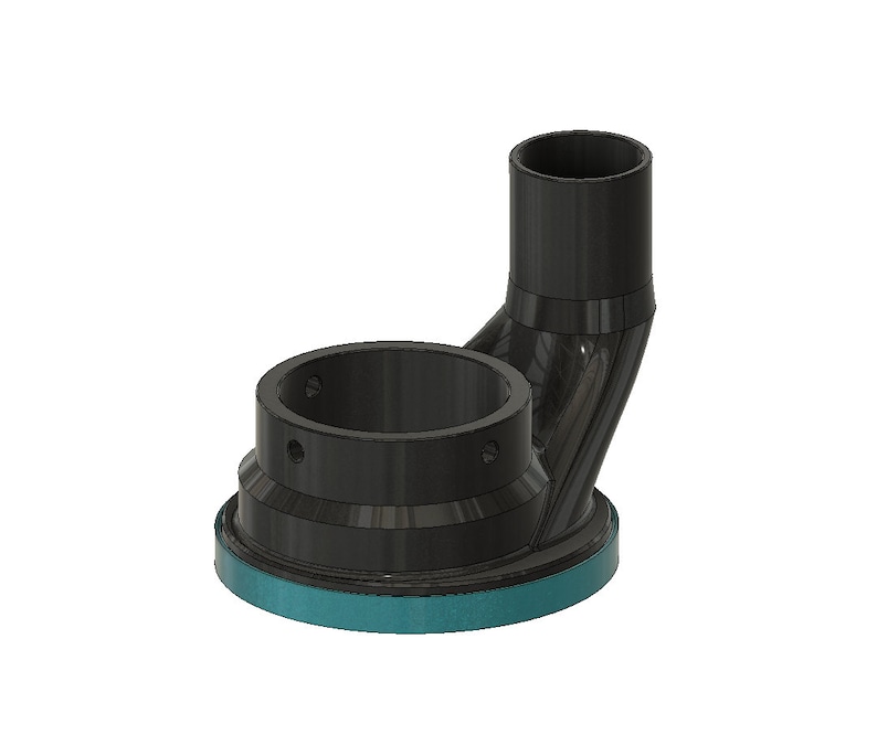 May include: Black plastic plumbing fitting with a blue seal. The fitting has a curved outlet and a straight inlet.