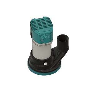 May include: A teal and black electric sander with a dust collection port. The sander has a round base and a rectangular body with a vent on top.