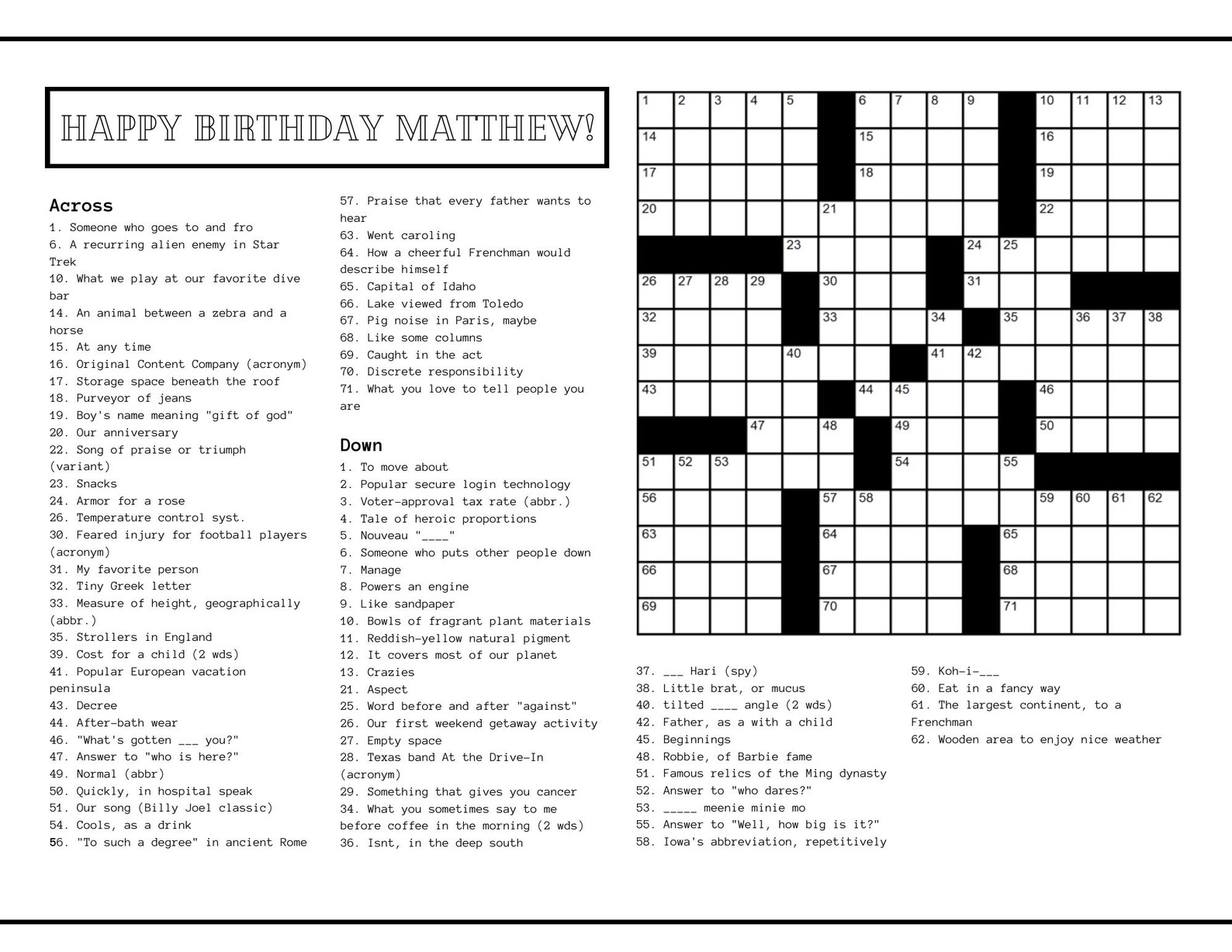 Personalized Crossword Puzzle! (digital Version) | Birthday Gift ...