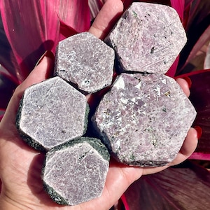 Puede incluir: Cinco cristales de rubí hexagonales sin cortar en varios tonos de rosa y morado. Los cristales se sostienen en una mano, mostrando su belleza natural y en bruto.